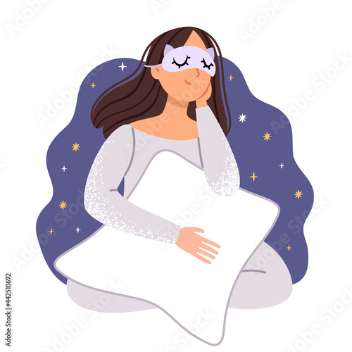 The girl in a sleep mask wants to sleep. Don't want to get up from bed in the morning. Simple Hand drew illustration.Minimalistic elegant concept.