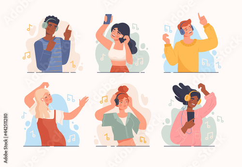 Set of 6 diverse young people listening to music