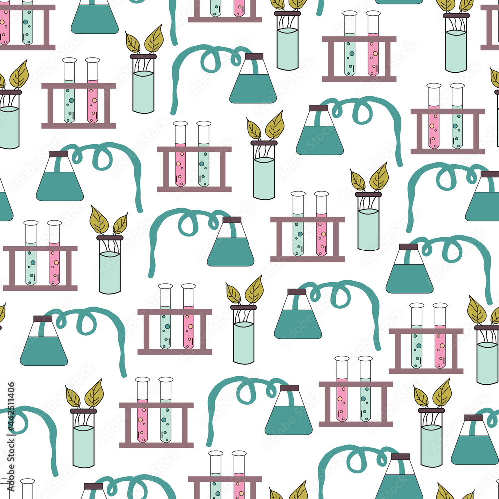 Vector trendy science experiment tools seamless pattern background