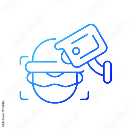Criminal detection with surveillance camera gradient linear vector icon. Facial recognition. Crime prevention. Thin line color symbols. Modern style pictogram. Vector isolated outline drawing