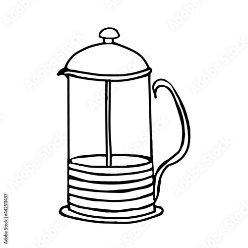 Doodle French press on a white background.Vector teapot can be used in menus,culinary designs,textiles.