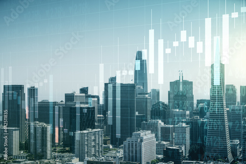 Multi exposure of virtual creative financial chart hologram on San Francisco skyscrapers background, research and analytics concept