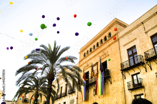 Rainbow flag hanging in the town hall of Elche