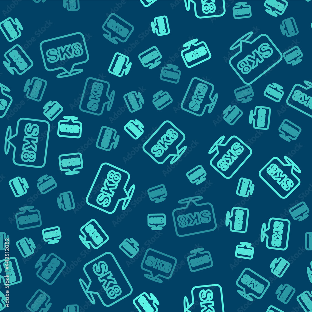 Green line Skateboard icon isolated seamless pattern on blue background. Extreme sport. Sport equipment. Vector Green line Skateboard icon isolated seamless pattern on blue background. Extreme sport. Sport equipment. Vector