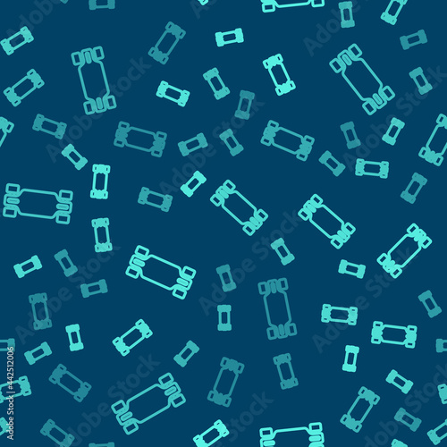Green line Longboard or skateboard cruiser icon isolated seamless pattern on blue background. Extreme sport. Sport equipment. Vector