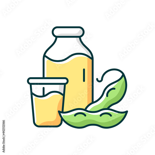 Soy milk RGB color icon. Isolated vector illustration. Plant based milk. Grinding beans. Vegeterian drinks types. Healthy product creation. Natural ingredients simple filled line drawing