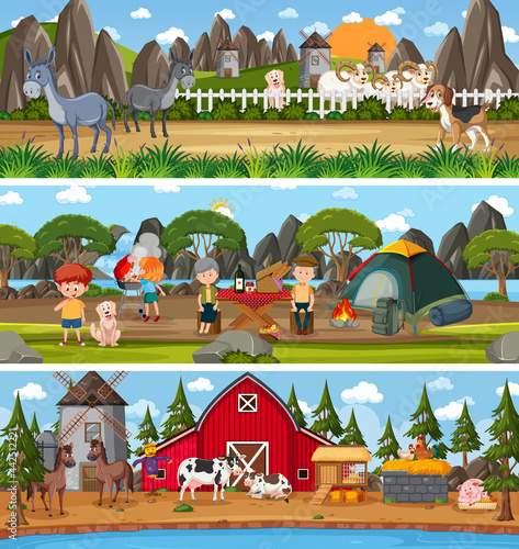Set of different nature landscape at daytime scene with cartoon character