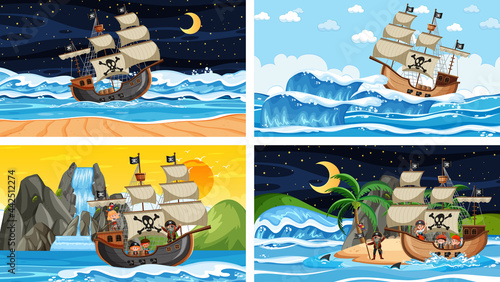 Set of different beach scenes with pirate ship