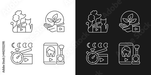 Video online linear icons set for dark and light mode. Pet animal footage. Environmental awareness. Customizable thin line symbols. Isolated vector outline illustrations. Editable stroke
