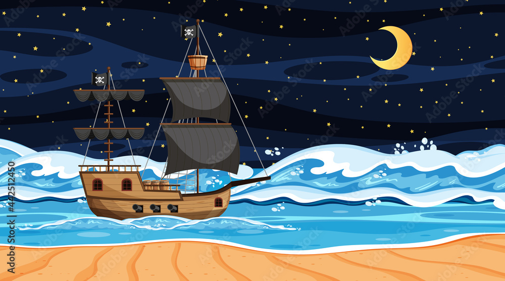 Naklejka premium Ocean with Pirate ship at night scene in cartoon style