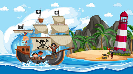 Wandcirkels Piraten Vrolijke piratenkinderen op zeilschip  © brgfx
