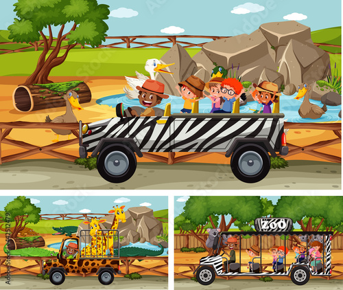 Different safari scenes with animals and kids cartoon character