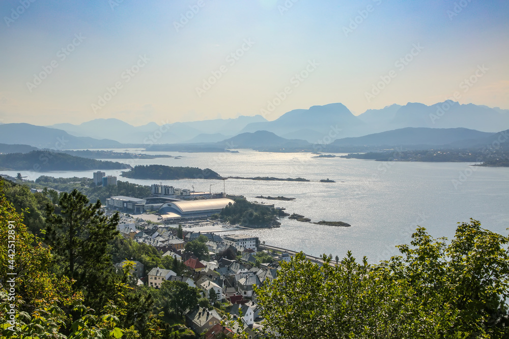 View of Alesund; Panoramic view of the archipelago, islands and fjords from the viewpoint Aksla, Alesund, Norway.