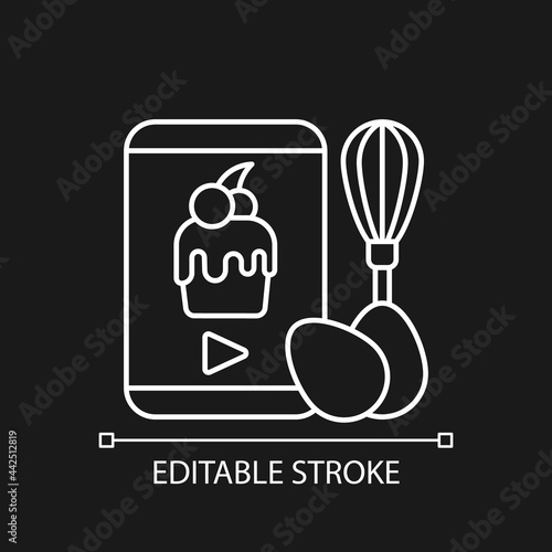 Cooking video white linear icon for dark theme. Culinary courses online. Cookery school remotely. Thin line customizable illustration. Isolated vector contour symbol for night mode. Editable stroke