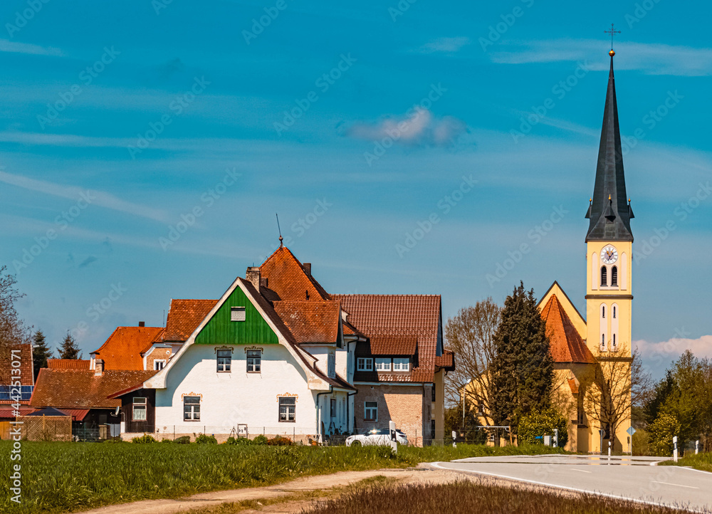 Beautiful church on a sunny day in spring at Wallerdorf, Bavaria, Germany
