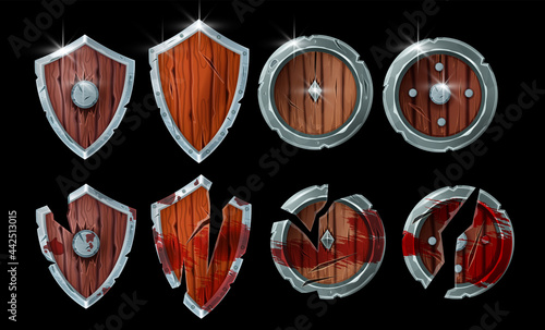 Game wooden shield fantasy illustration set, medieval warrior damaged armor, RPG battle result object. Knight vector inventory icon, defeat-win fight award concept. Game iron Viking shield design