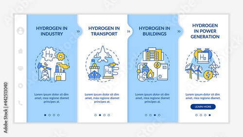 Hydrogen consumption onboarding vector template. Responsive mobile website with icons. Web page walkthrough 4 step screens. Building, power generation color concept with linear illustrations
