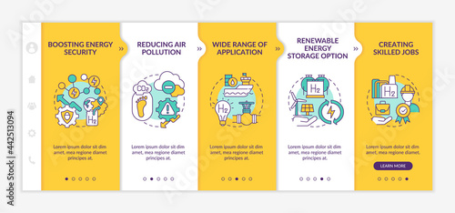Hydrogen tech revolution onboarding vector template. Responsive mobile website with icons. Web page walkthrough 5 step screens. Renewable energy storage option color concept with linear illustrations