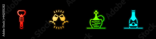 Set Bottle opener, Wine tasting, degustation, italian fiasco bottle and Champagne icon. Vector