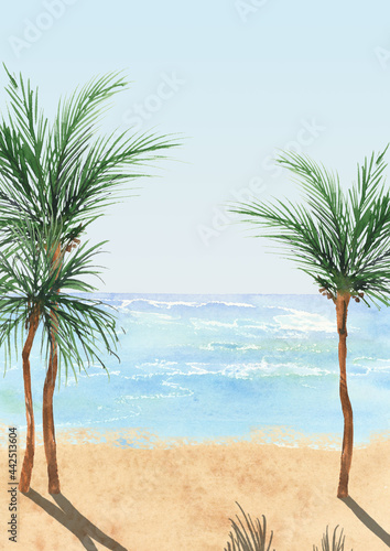 watercolor waves backgrounds clipart  Tropical palm tree scenry image  Ocean landscape  Sea travel clipart  Hawaiian summer clip art  Blue beige background  Sandy beach