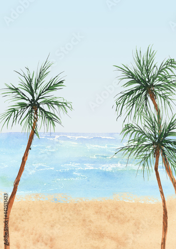 Fototapeta Naklejka Na Ścianę i Meble -  watercolor waves backgrounds clipart, Tropical palm tree scenry image, Ocean landscape, Sea travel clipart, Hawaiian summer clip art, Blue beige background, Sandy beach