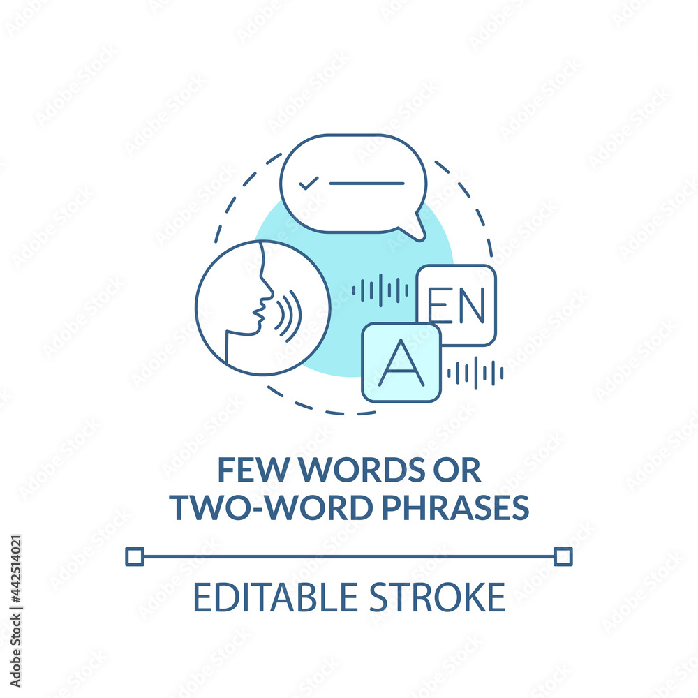 Few words and two-word phrases concept icon. Autism sign abstract idea thin line illustration. Verbal difficulties. Poor spoken language skills. Vector isolated outline color drawing. Editable stroke Few words and two-word phrases concept icon. Autism sign abstract idea thin line illustration. Verbal difficulties. Poor spoken language skills. Vector isolated outline color drawing. Editable stroke