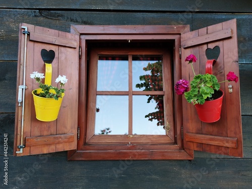 Cute little wooden window with plants and heart-shaped ornaments
