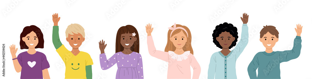 Cute diverse kids or pupils with raised hands isolated on white background flat style vector illustration banner. Cute diverse kids or pupils with raised hands isolated on white background flat style vector illustration banner.