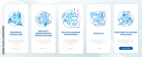 ASD signs onboarding mobile app page screen. Preference to loneliness, echolalia walkthrough 5 steps graphic instructions with concepts. UI, UX, GUI vector template with linear color illustrations