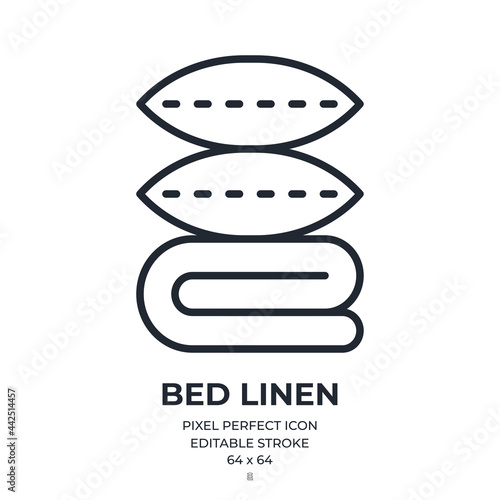 Bed linen set with duvet and pillows editable stroke outline icon isolated on white background flat vector illustration. Pixel perfect. 64 x 64.