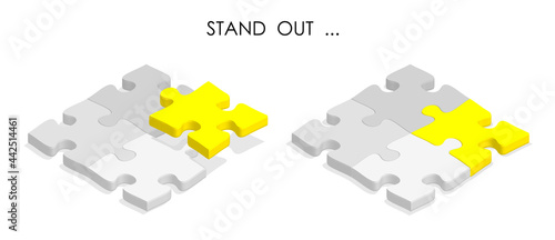 pieces of puzzle are connected together. Bright leader against background of gray pieces. Team Leadership. Difference, individuality. Realistic 3D vector