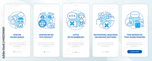 ASD signs in children onboarding mobile app page screen. Few smiles, no gestures walkthrough 5 steps graphic instructions with concepts. UI, UX, GUI vector template with linear color illustrations © bsd studio