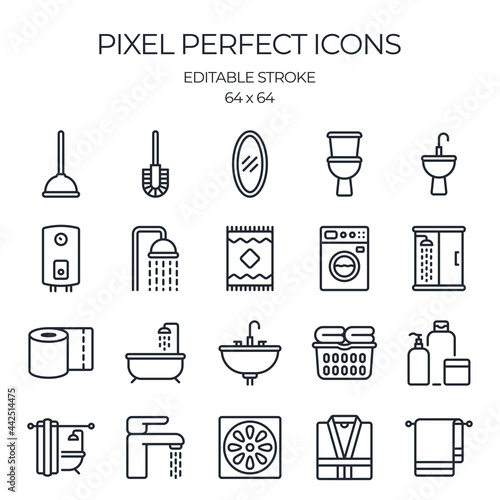 Bathroom related editable stroke outline icon isolated on white background flat vector illustration. Pixel perfect. 64 x 64.