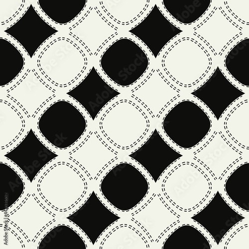 Diagonal black and white shapes pattern. Vector patch circles nad rhombuses. Simple dashed shapes.