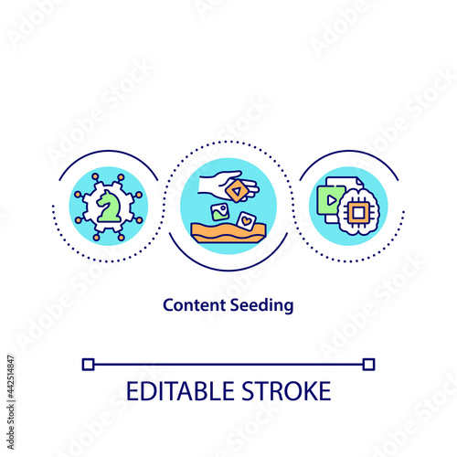 Content seeding concept icon. Spreading information among internet. Advertisement strategy. Marketing abstract idea thin line illustration. Vector isolated outline color drawing. Editable stroke