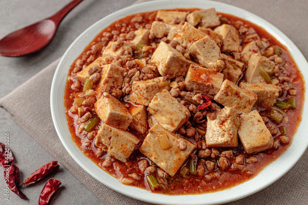 Stir-fried tofu dish with spicy and salty seasoning Stir-fried tofu dish with spicy and salty seasoning