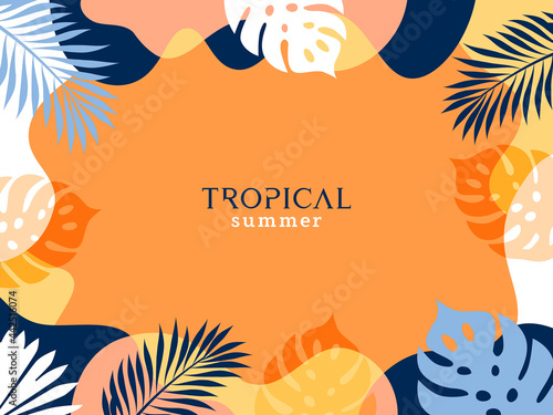 Summer background with frame made of tropical leaves and plants in orange, yellow and deep blue colors. Modern minimalist style design template for sale, poster, card, cover, social media, fashion ads
