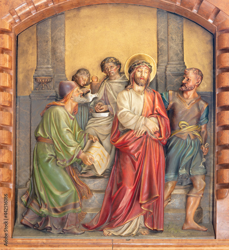 VIENNA, AUSTIRA - JUNI 18, 2021: The relief of Crucifixion on altar of Herz Jesu church from begin of 20. cent.