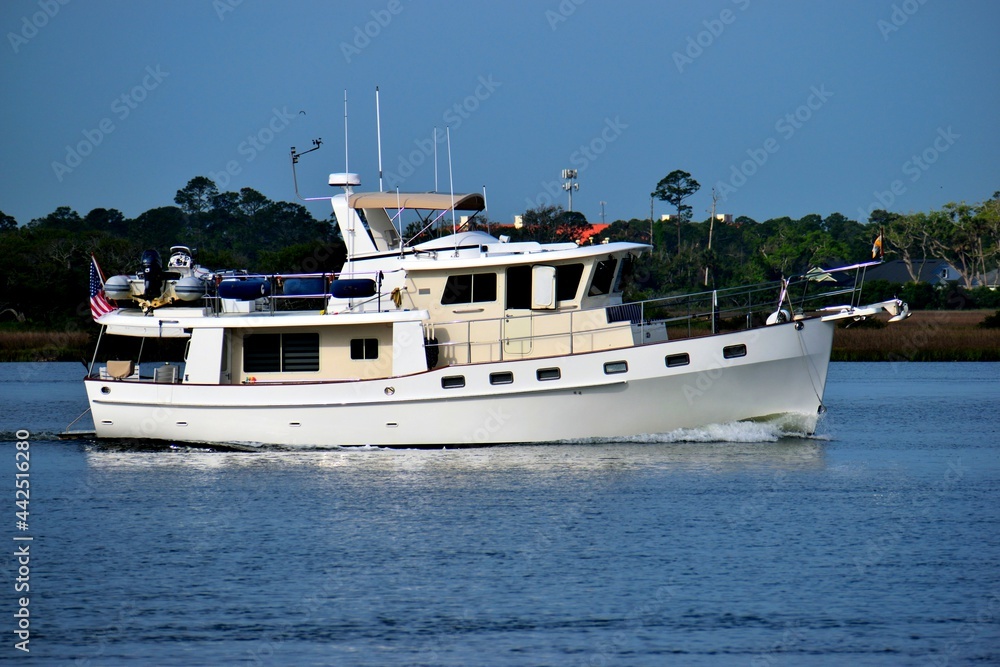 Luxury boat cruising along the river at St. Augustine, Florida