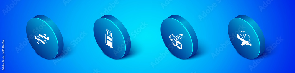 Set Isometric Plane, No scissors, Globe with flying plane and Suitcase icon. Vector Set Isometric Plane, No scissors, Globe with flying plane and Suitcase icon. Vector