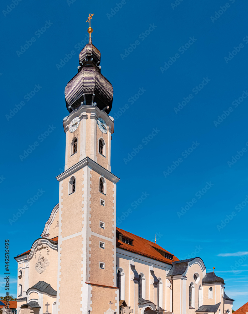 High resolution stitched panorama of a beautiful church on a sunny day in spring at Schoenberg near Wasserburg, Inn, Bavaria, Germany