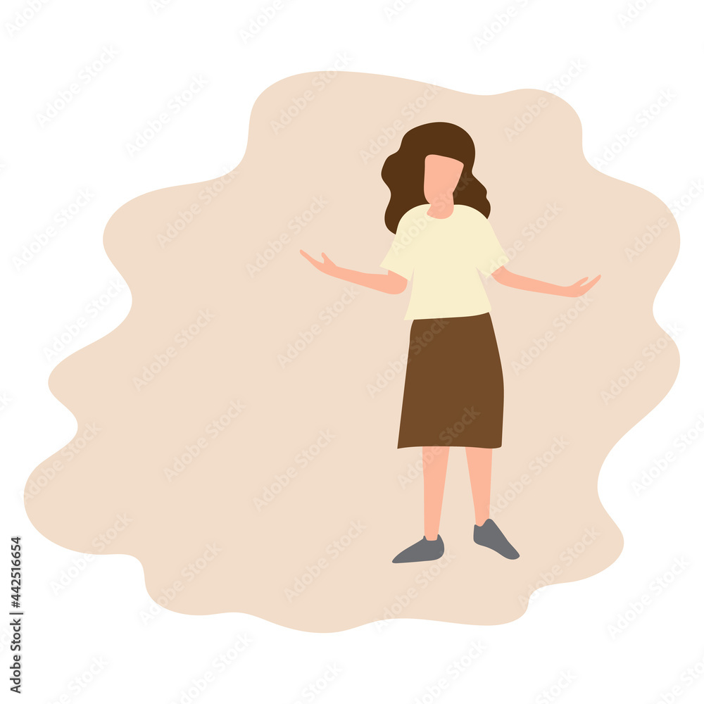 young woman character with long hair spreading hands and explaining something or decision making  on brown abstract shape backdrop with copy space isolated on white background