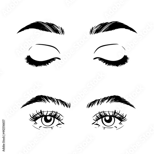 Female woman eyes and brows image collection set. Fashion girl eyes design.