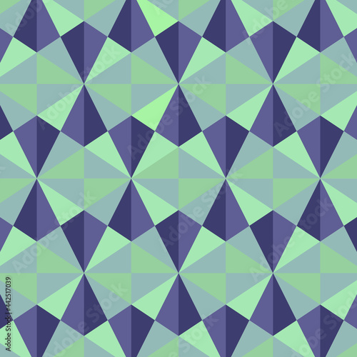 abstract colorful soft green geometric shapes and halftone minimalistic triangle texture on dark blue.