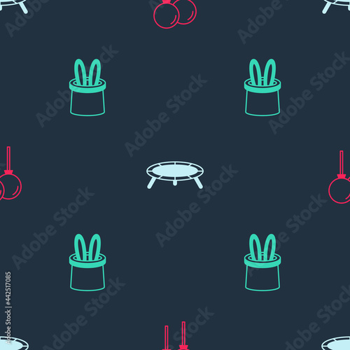 Set Balloons with ribbon, Jumping trampoline and Magician hat and rabbit ears on seamless pattern. Vector