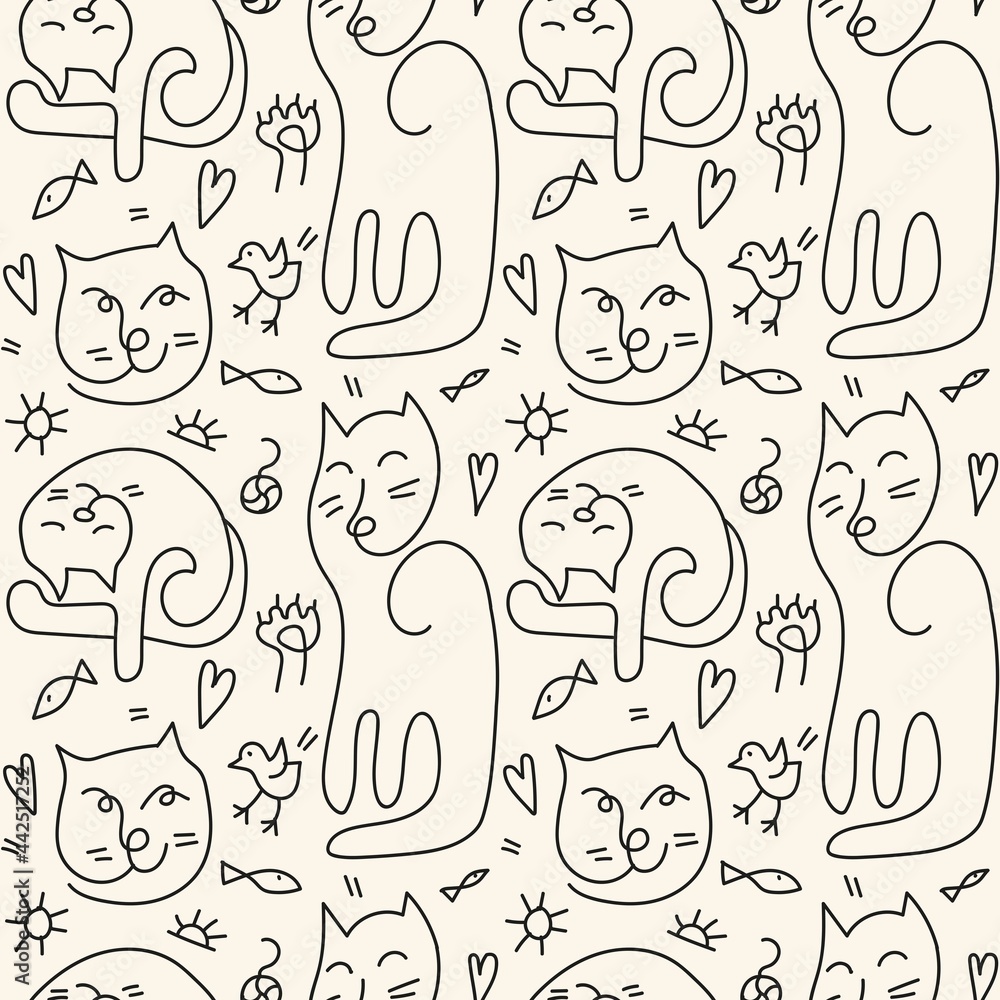 Vector seamless pattern with hand drawn cats, bird, heart, fish and sun. Vector seamless pattern with hand drawn cats, bird, heart, fish and sun.