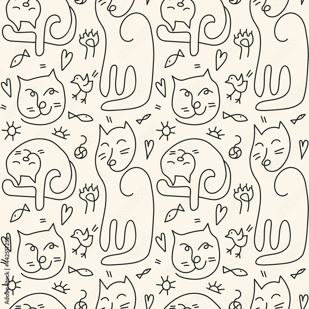 Vector seamless pattern with hand drawn cats, bird, heart, fish and sun.