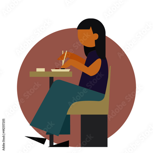 Young Woman Eating Delicious Asian Food, Cheerful Girl Sitting at Table Eating Sushi Cartoon Vector Illustration
