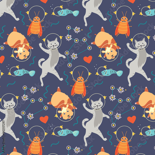Seamless pattern with animals astronauts cat hamster cockroach fish. Digital paper cosmos space for nursery baby wallpaper, fabric textile