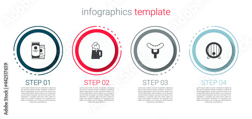 Set Beer can, Wooden beer mug, Sausage on the fork and barrel. Business infographic template. Vector